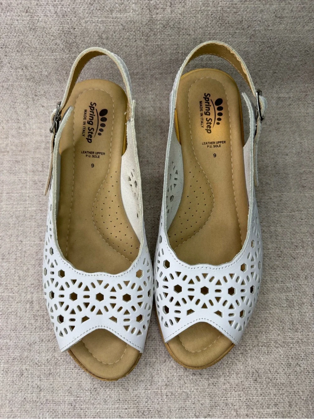 Spring Step Wedge Slingback Sandals white leather sz 9 peep toe design laser cut